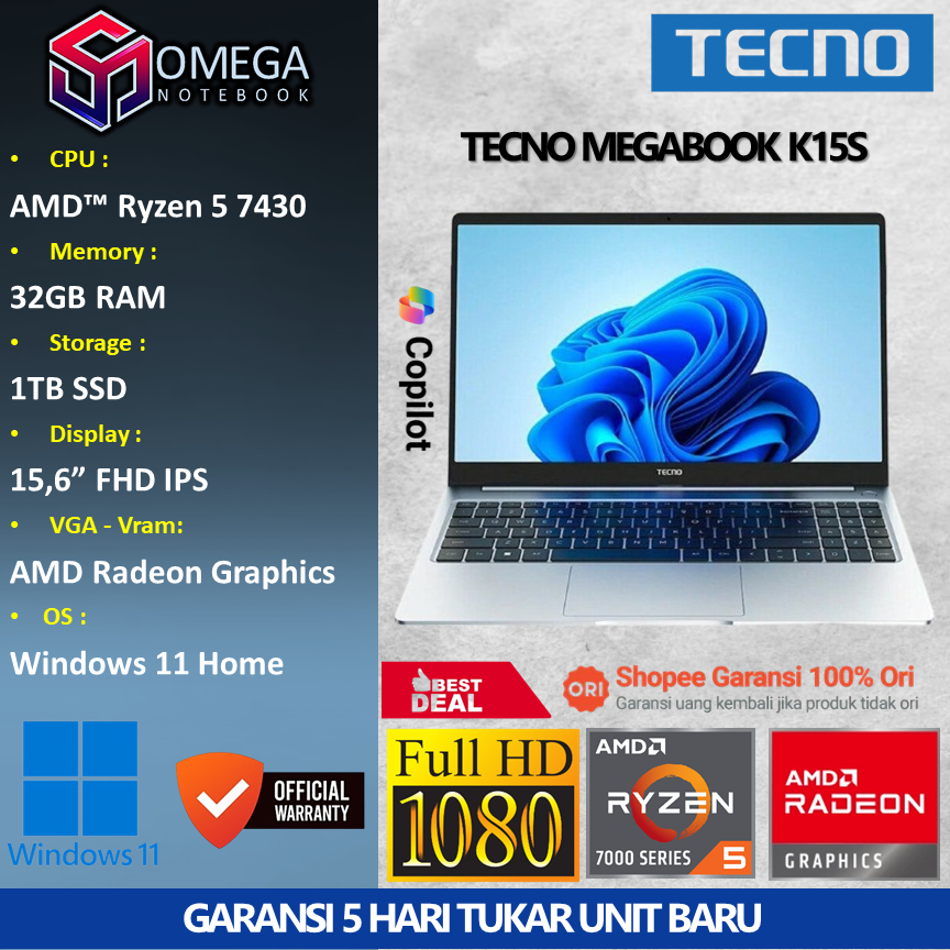 TECNO MEGABOOK K15S Ryzen 5 7340 32GB 1TB 15,6 FHD Windows 11