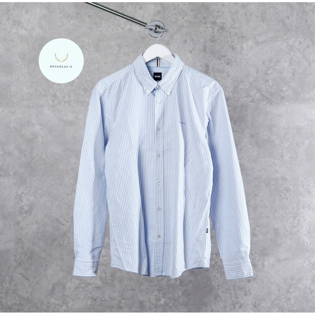 Hugo Boss Roan Stripe Text Pocket Blue Long Sleeve Shirt in White