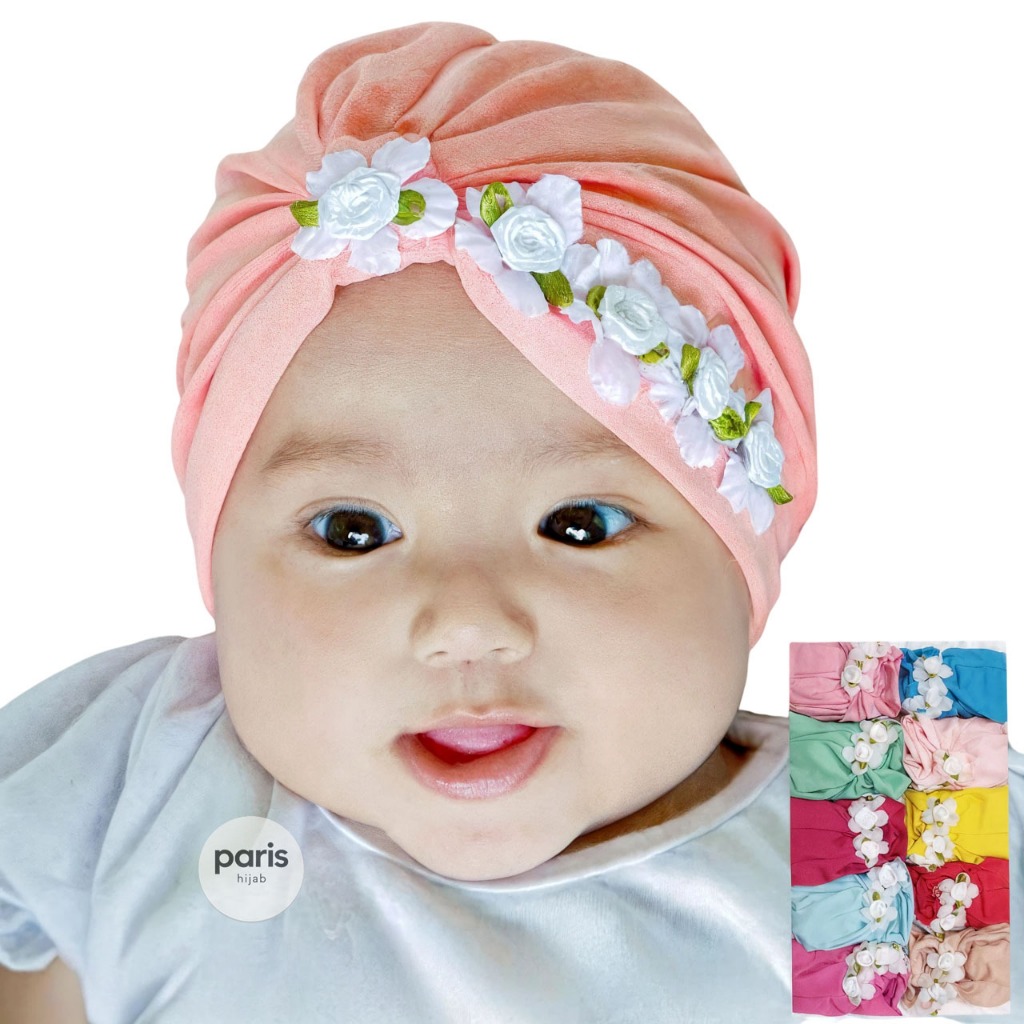 Turban bayi bunga mawar putih samping aesthetic premium - headband ciput anak baby Perempuan Cewek