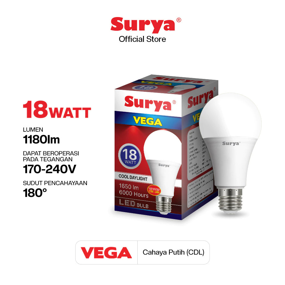 Lampu Bohlam LED Surya Vega 18 Watt Cahaya Putih
