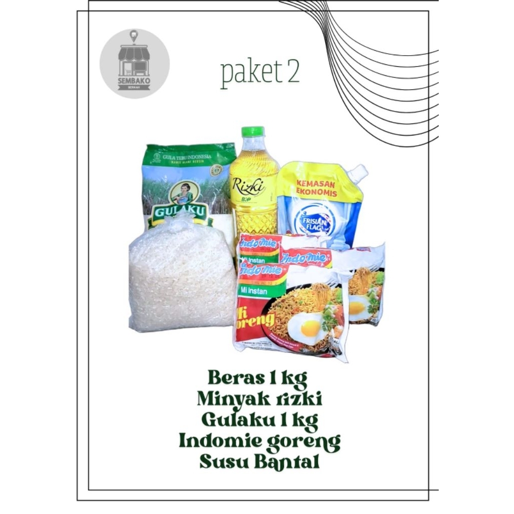 

PAKET 2 Sembako Berkah (Beras 1 kg (raja lele), Gulaku 1 kg, Minyak rizqi 800 ml, susu bantal, Indomie goreng)
