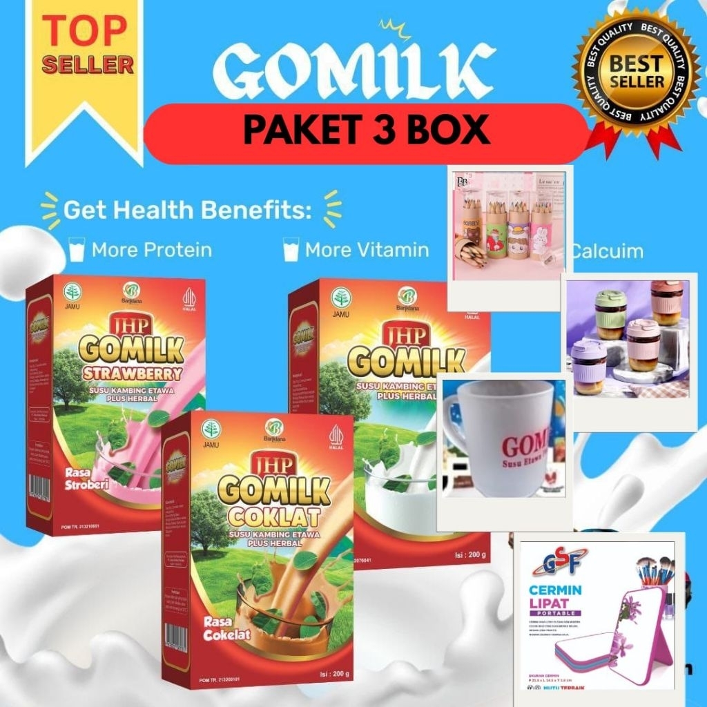 

(PILIH HADIAH ) PAKET 3 BOX GOMILK SUSU KAMBING ETAWA/ SUSU PENGGEMUK BADAN