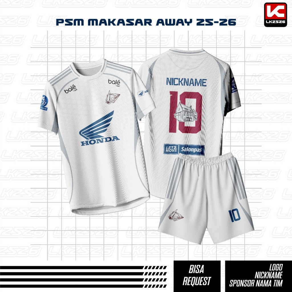 Jersey Bola Custom Nama Dan Nomor PSM MAKASAR AWAY LIGA TERBARU MUSIM 2025/2026 PUTIH Full Print Spo