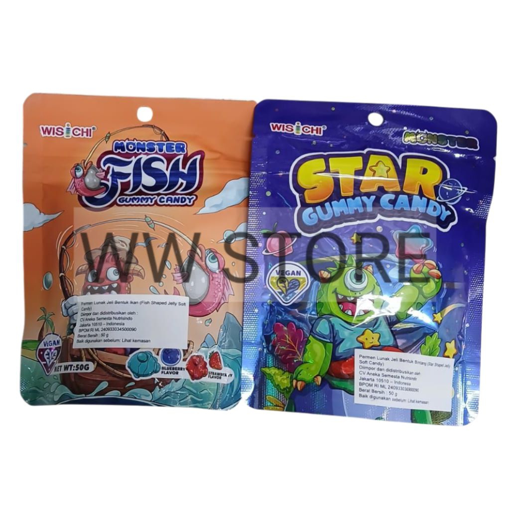 

Permen lunak jeli bentuk bintang ikan VEGAN halal MUI WISCHI MONSTER FISH STAR Shaped Jelly Soft GUMMY CANDY 50g