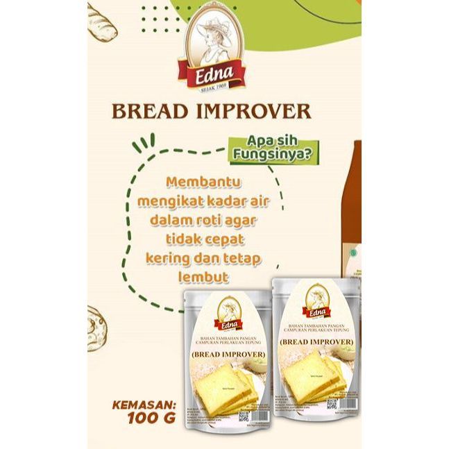 

Edna Bread Improver Pengembang dan Pengempuk Roti Kemasan 100 Gr / Edna Brand Impor