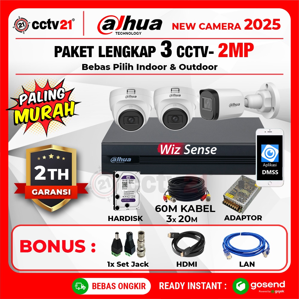 Paket 3 Kamera CCTV Dahua Full HD 2MP +Kabel 50M Harga Lagi Promo cctv21