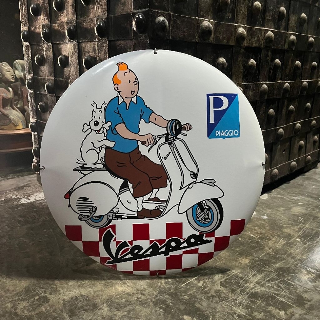 Papan Iklan Enamel Bulat Vespa Piaggio dengan Tintin Lawas Jadul Tua
