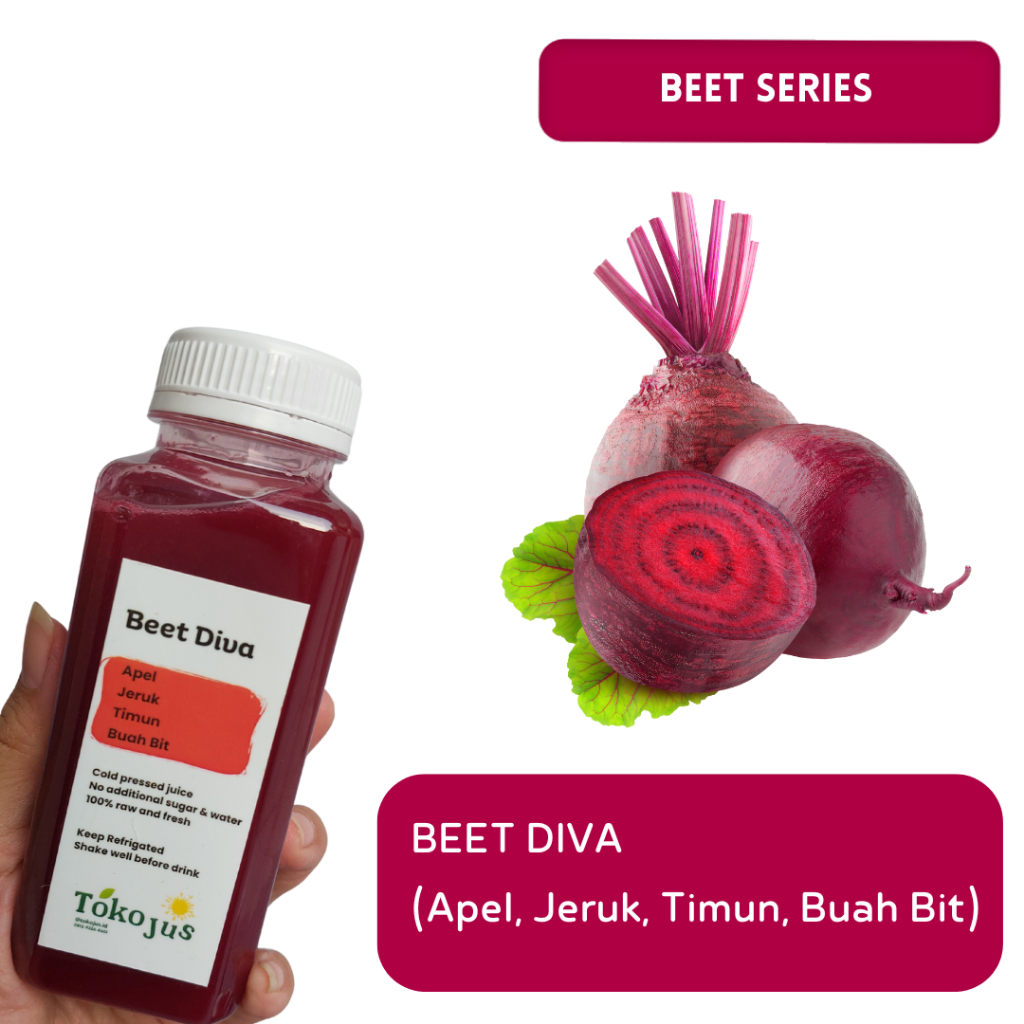 

Beet Diva 250ml | Cold pressed juice Buah Bit, Apel, Timun, Jeruk | Tanpa tambahan air, gula dan pengawet