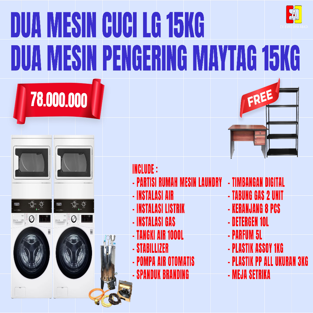 Paket Usaha Laundry 2 Unit Mesin Cuci LG 15 Kg & 2 Unit Mesin Pengering Maytag 15 dan Bioler