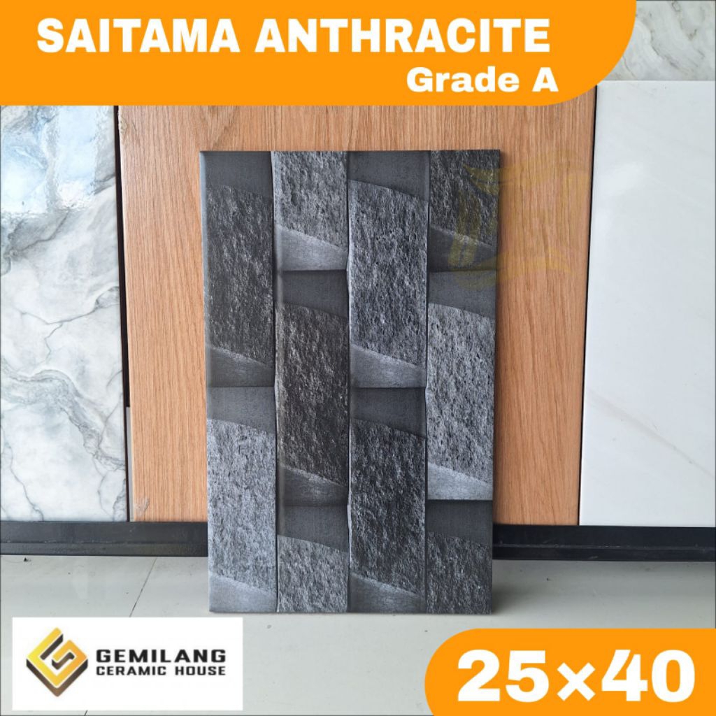 Keramik dinding murah 25×40 GEMILANG Saitama Anthracite motif batu matte keramik dinding teras, kama