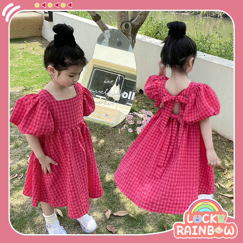 Uisa 1 - 8 Tahun Dress Pesta Princess Anak Perempuan Pola Grid Merah Mawar Lengan Balon Bow Tie Stra