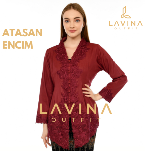 Lavina - Kebaya Encim Bordir Modern Batik Tradisional Betawi Merah Marun Maroon Merah Hati Lengan Pa