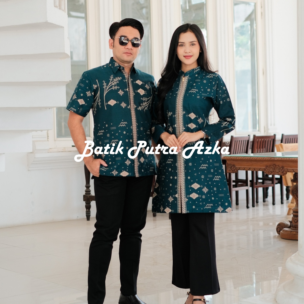 Batik Azka Couple Batik Premium Kemeja Tunik Batik Modern Motif Amarta Warna Hijau Botol