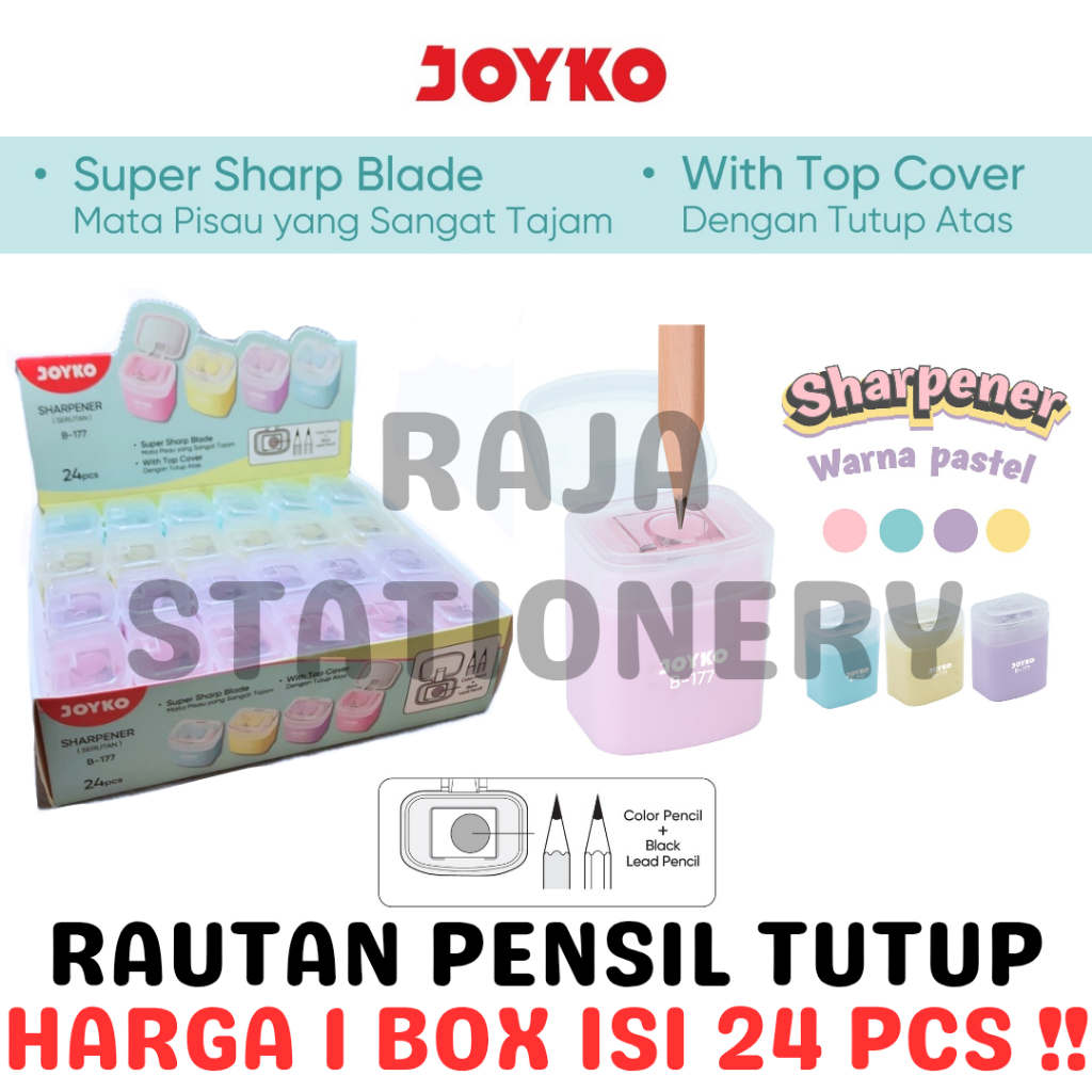 

JOYKO PENCIL SHARPENER COLOURS PASTEL SERUTAN RAUTAN PENSIL JOYKO PASTEL B-177 BOX [24PCS]