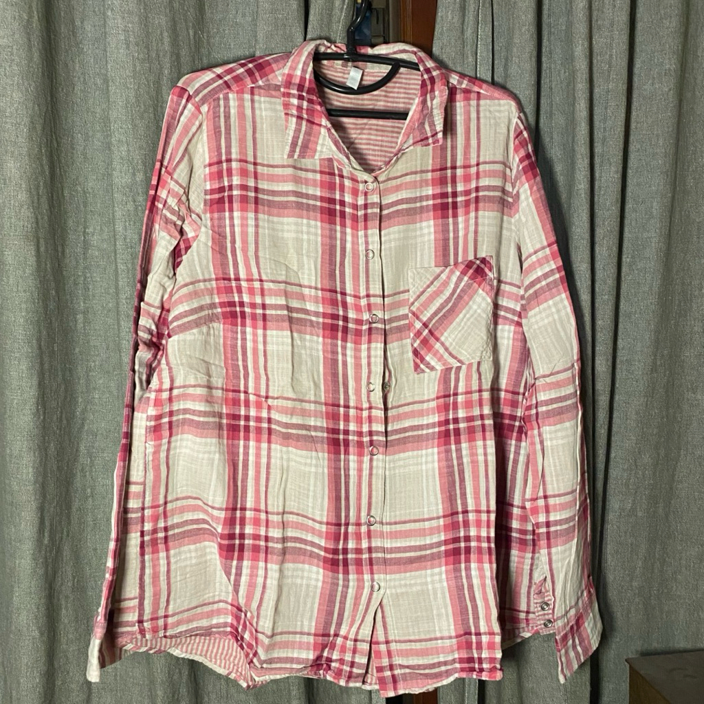 Kemeja Wanita Kotak Pink Putih Katun Preloved