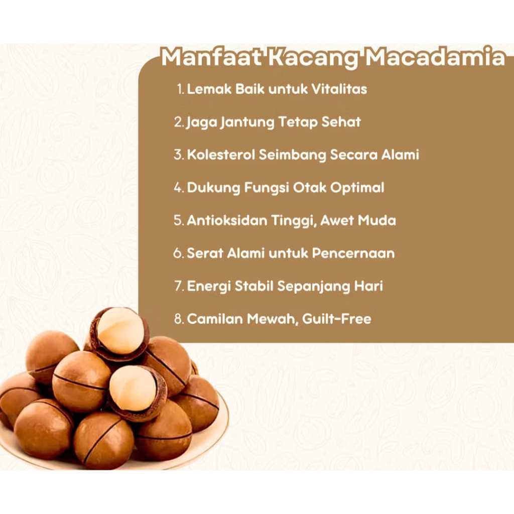 

Roasted Macadamia Nuts - Kacang Macadamia Panggang Utuh Siap Makan - Snack Sehat Macadamia Nut Camilan sehat dan bergizi