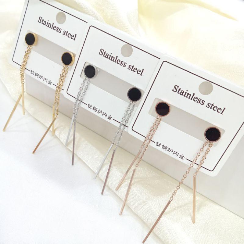 Anting tusuk titanium perhiasan fashion bulat hitam 2 jurai