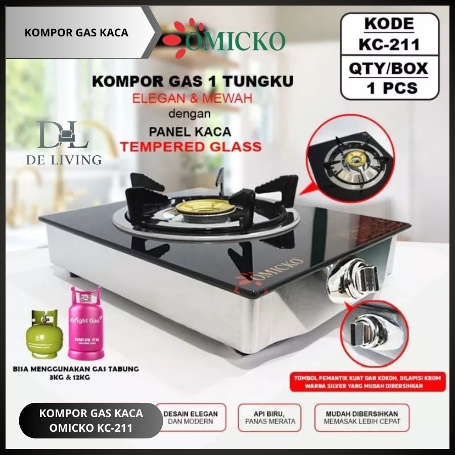 Kompor GAS KACA  OMICKO /Kompor 1 tungku kaca/Kompor Gas 1 Tungku Tempered Glass Original