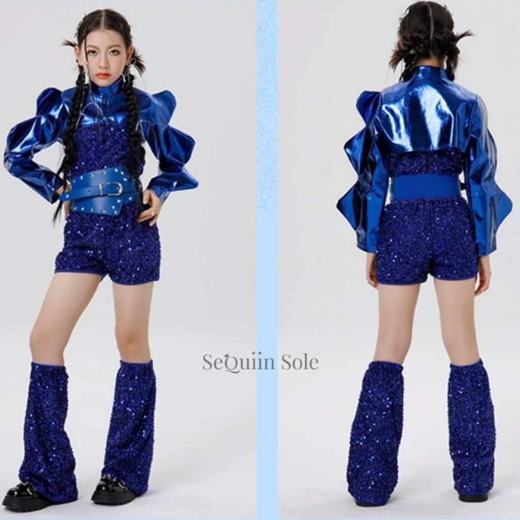 Sequiin Sole Sequin Set Kids Dance Costume/Set Baju Dance Anak Hip Hop/Kpop Blue