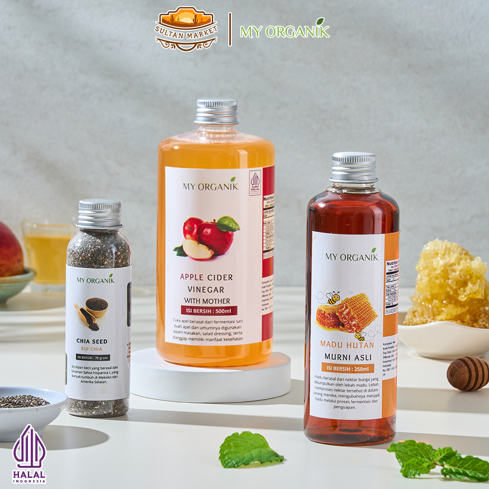 

My Organik Paket 3 in 1 Lebih Hemat Cuka Apel Apple Cider Vinegar With Mother Madu Hutan Chia Seed