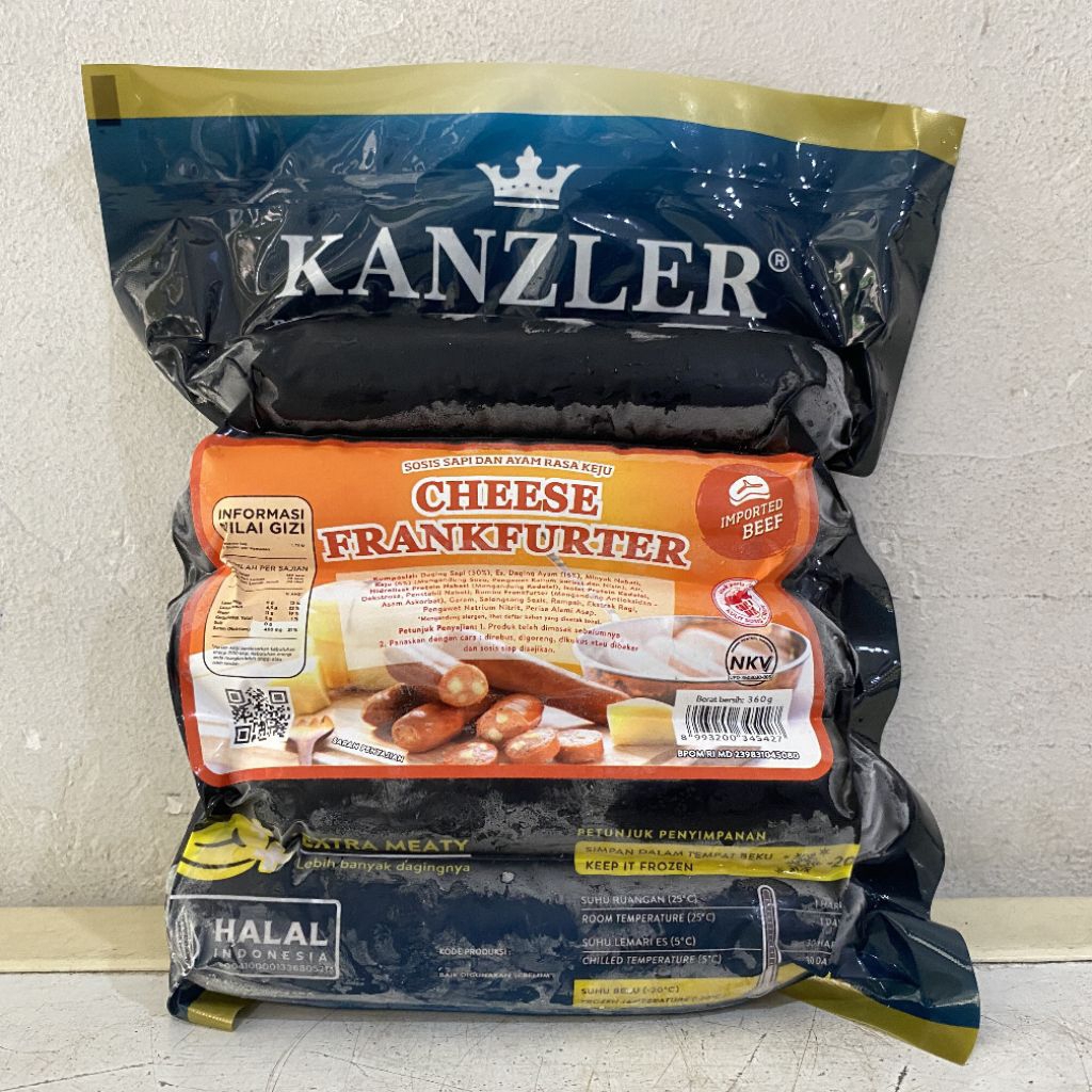 

Kanzler cheese frankfurter sausage 360gr (isi 5pcs) | sosis sapi dan ayam rasa keju