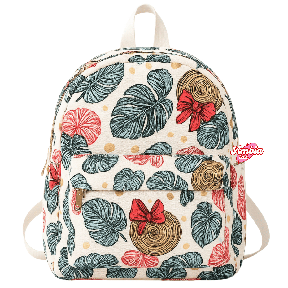 AMBIA Tas Ransel Wanita Mini Backpack Tas Sekolah Cewek Kecil Bahan Kanvas Motif Bunga
