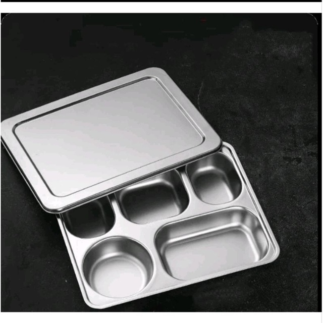 Food Tray Piring Stainless 5 Sekat/Ompreng Tutup Stainless/Tempat Makan+Tutup
