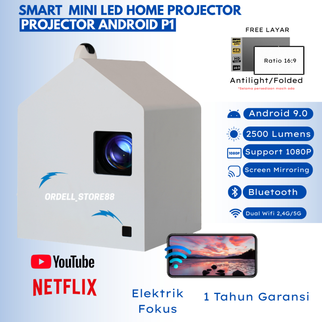 Proyektor Mini LED P1 Android 9.0 Wifi 2500 Lumens RAM 1/8GB | Proyektor Mini Portable | Proyektor M