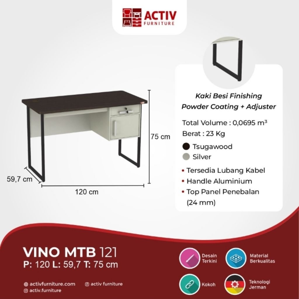 Meja kerja kantor belajar kaki besi ACTIV VINO MTB - Bandung saja