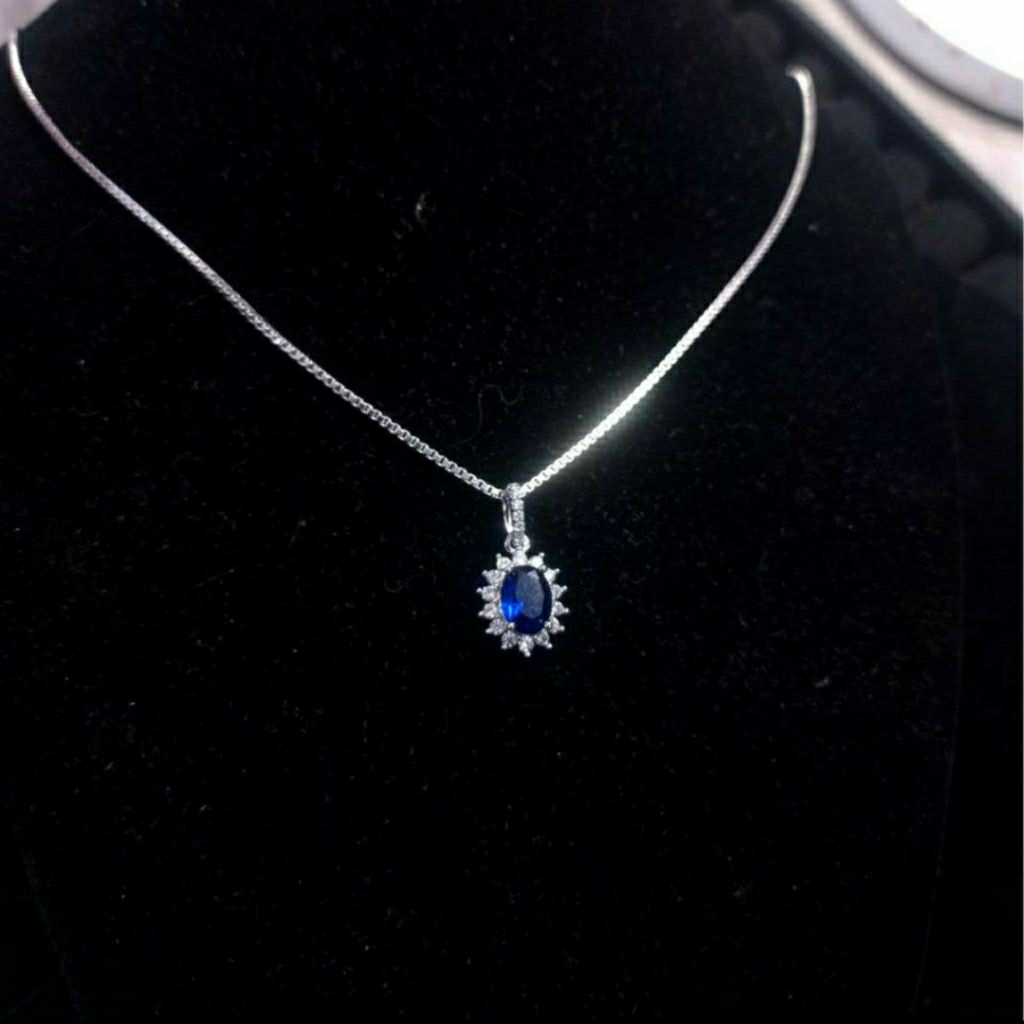 Kalung Swarovski Berlian Biru Wanita Kalung Silver Perak Permata Biru Kalung Blue Safir Saphire Sapp