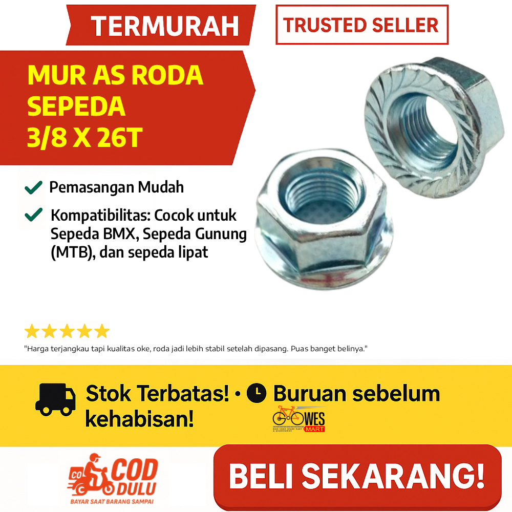 Mur As Roda Sepeda 3/8 x 26T – Baja Tahan Karat untuk BMX, MTB & Sepeda Lipat