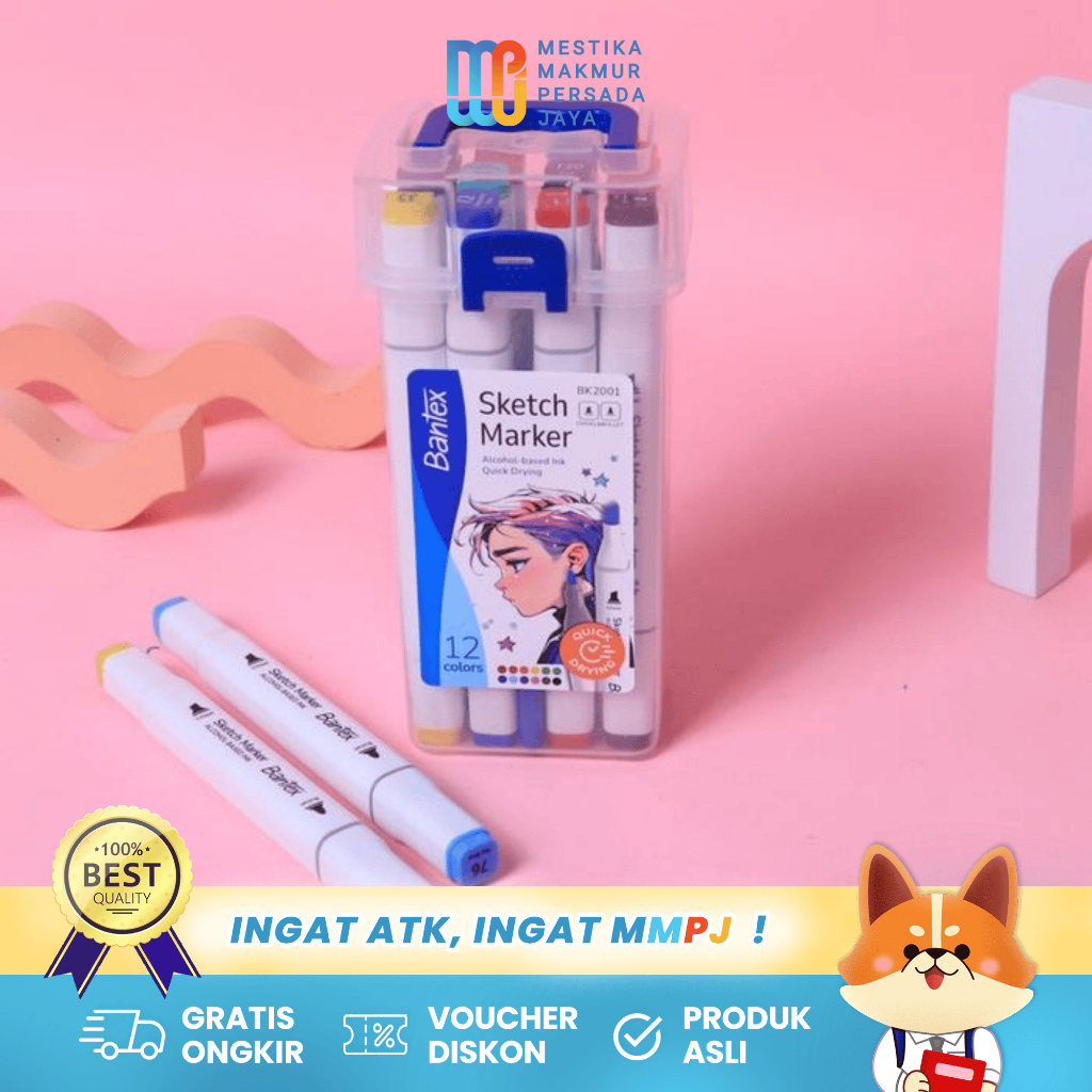 

Bantex Sketch Marker Dual Tip 12 Warna Cepat Kering / Spidol Sketsa Warna Warni BK2001