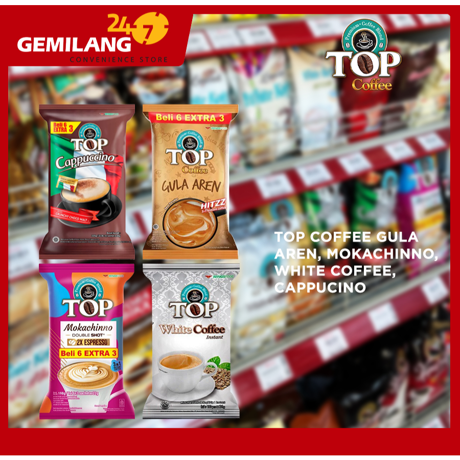 

TOP COFFEE CAPPUCINO, GULA AREN, MOKACHINNO, WHITE COFFEE