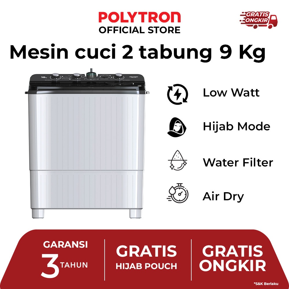 POLYTRON Mesin Cuci 2 Tabung Primadona Giant Series Hijab 9 Kg - PWM 9081