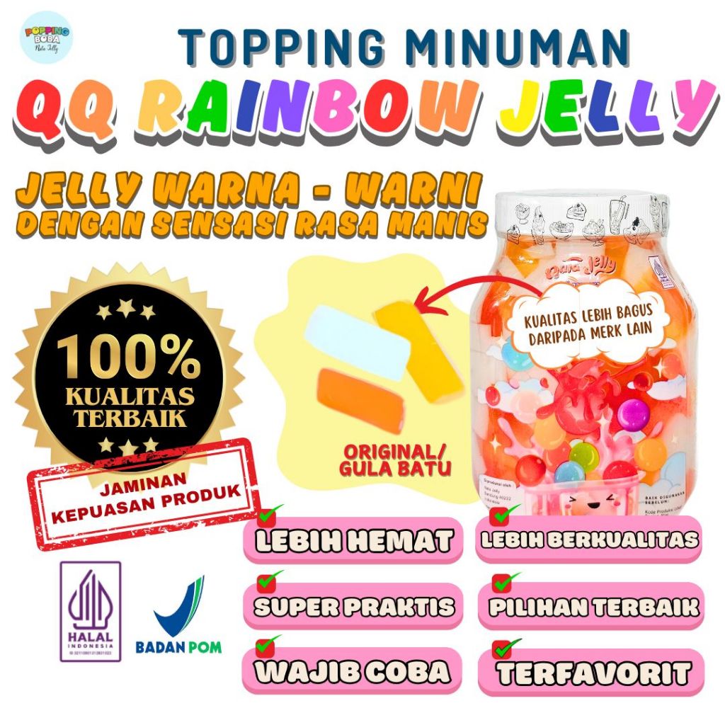

QQ Rainbow Jelly Konyaku Topping Minuman - Jelly Warna Warni Rasa Gula Batu 500 Gram | Cocok Untuk Semua Minuman | Popping Boba Meletus Pecah Dimulut Nata Jelly