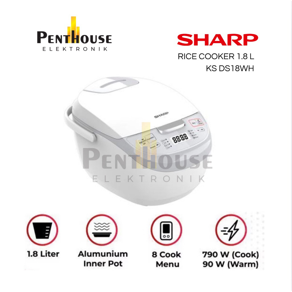 Sharp Rice Cooker Digital 1.8L KS DS18WH / KS-DS18-WH / KS-DS18 White Magic Com - 8 Auto Cook Menu -