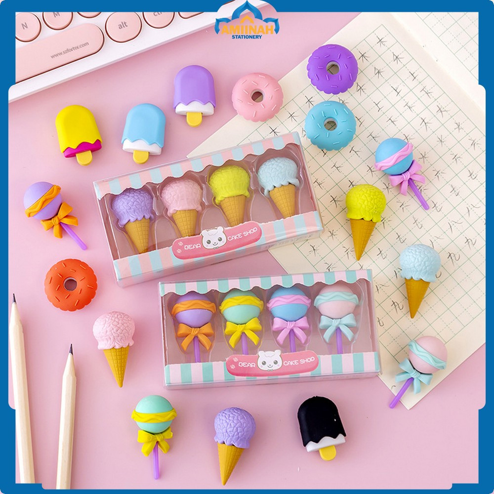 

Alat Tulis Penghapus Lucu Isi 4pcs Karakter Donat Eraser Ice Cream Penghapus Pensil Set 4IN1 Motif Lolipop Amiinah Stationery A53