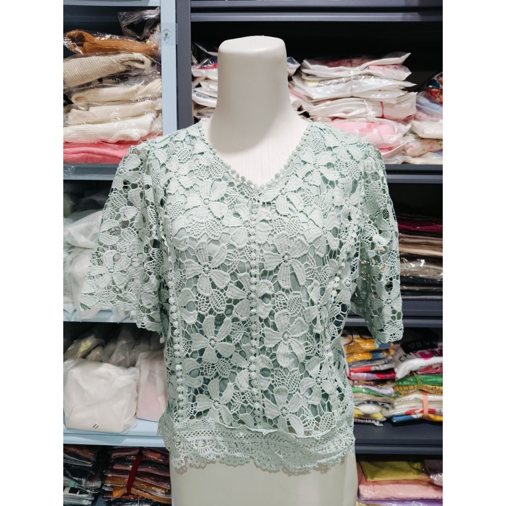 BLOUSE/ATASAN BROKAT WANITA BAHAN KATUN BOLONG + BORDIR BUNGA & FURING