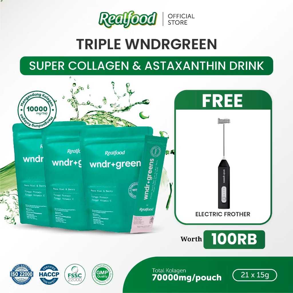Triple Pouch Realfood WNDRGREENS Super 10,000mg Collagen Bird’s Nest Drink I Minuman Collagen dengan