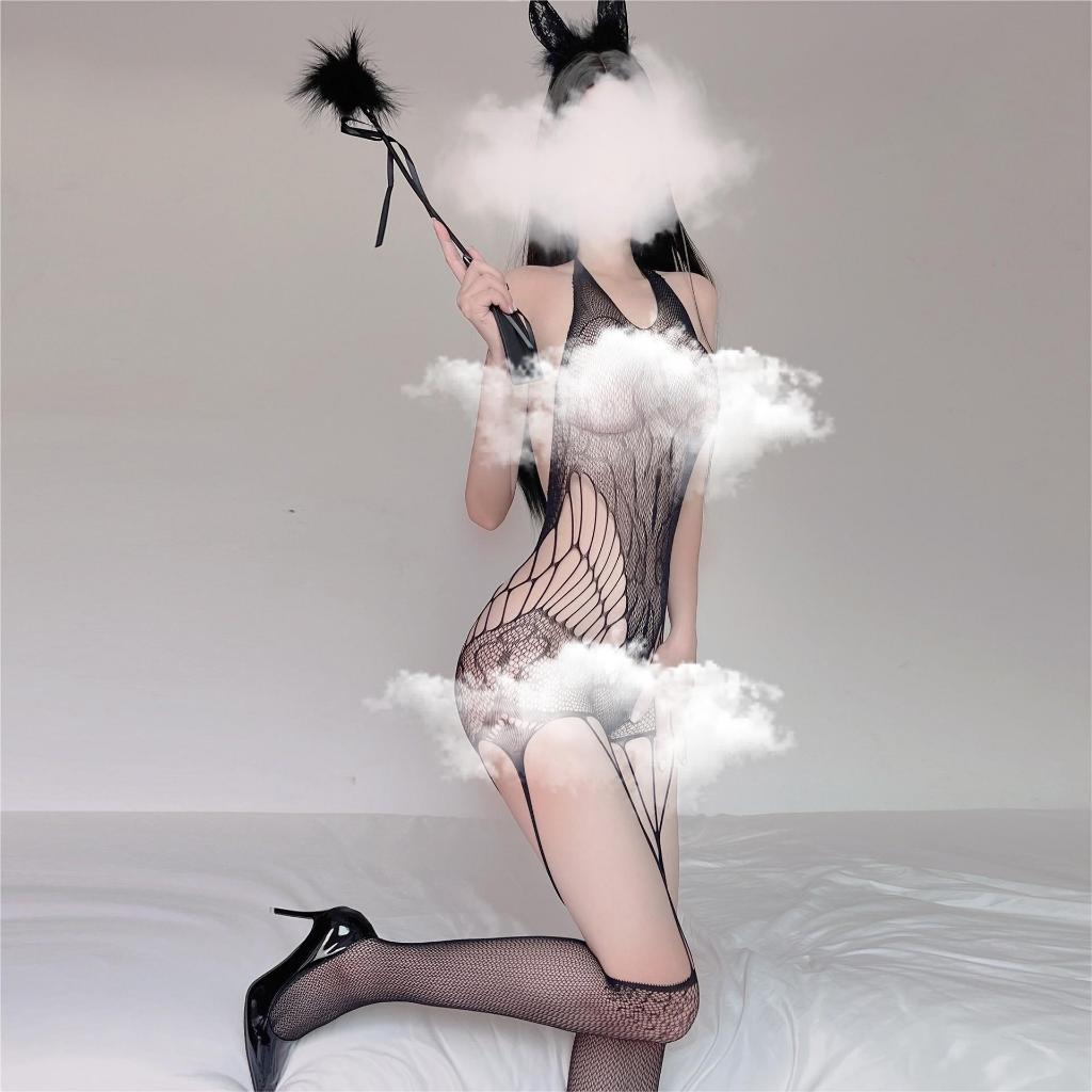 SN Lingerie seksi wanita baju tidur sexy bahan satin set lingerie stocking jaring stoking hitam