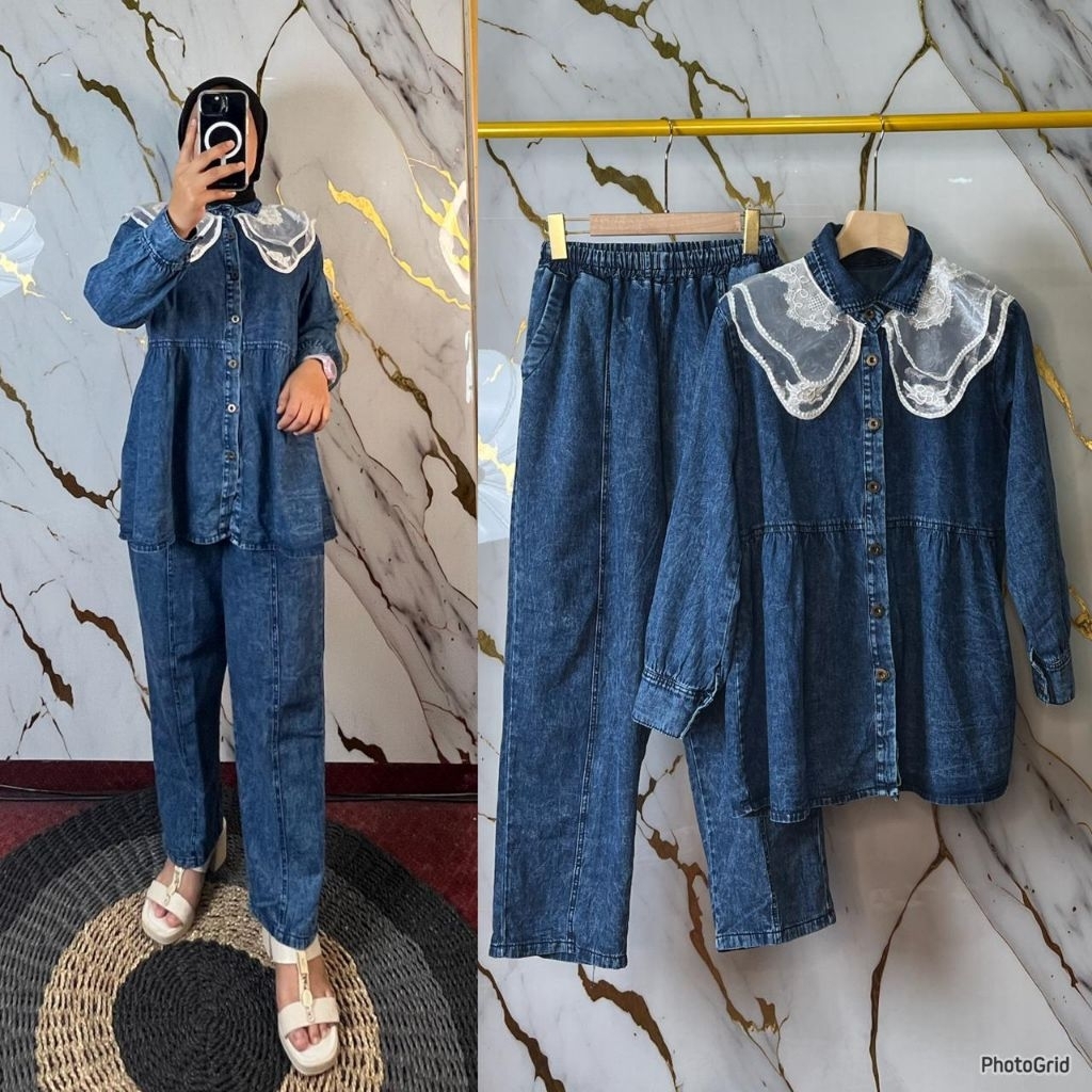 Ayla Setelan Celana Jeans One Set Baju Tunik Jeans Kerah Organza Busui
