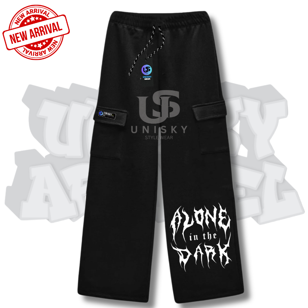 UNISKY Celana panjang Pria Cargo Bahan Fleece Long Pants Motif Kanan : Alone In the Dark, Smile Fire