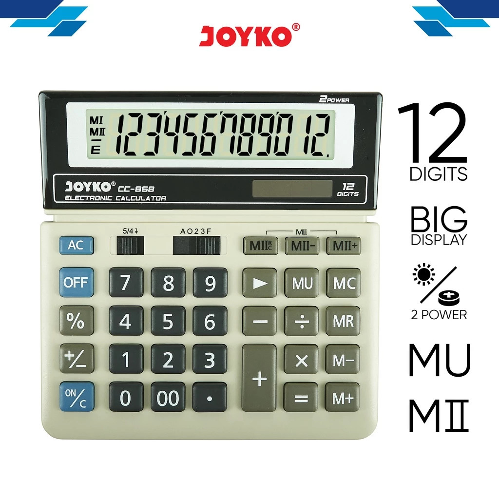 

JOYKO Calculator Kalkulator CC-868 12 Digits Dual Power Solar & Battery Mark Up Function