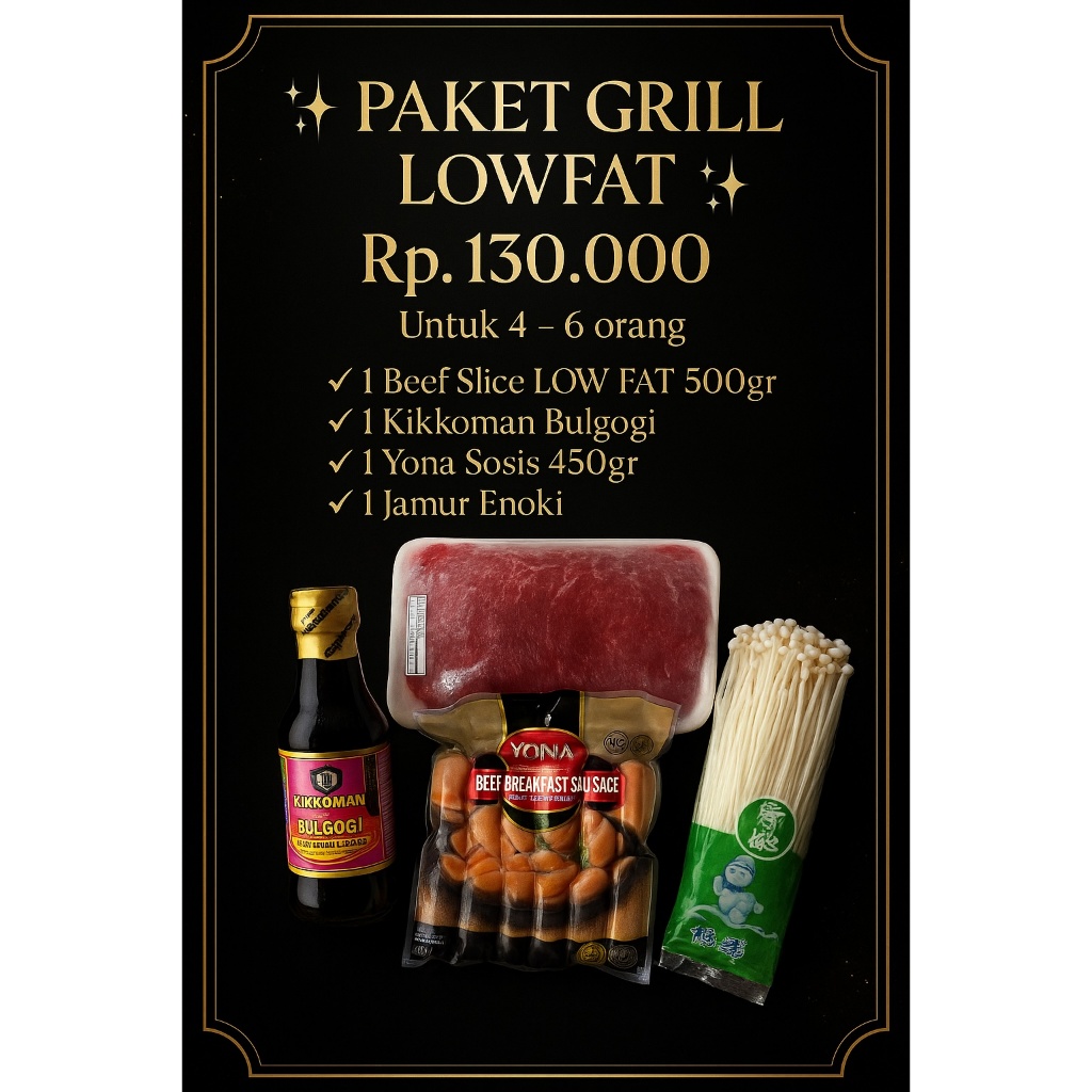 

Paket Grill Lowfat (lowfat beef slice + kikkoman bulgogi + yona breakfast sosis 450gr + enoki) 4 - 6 orang