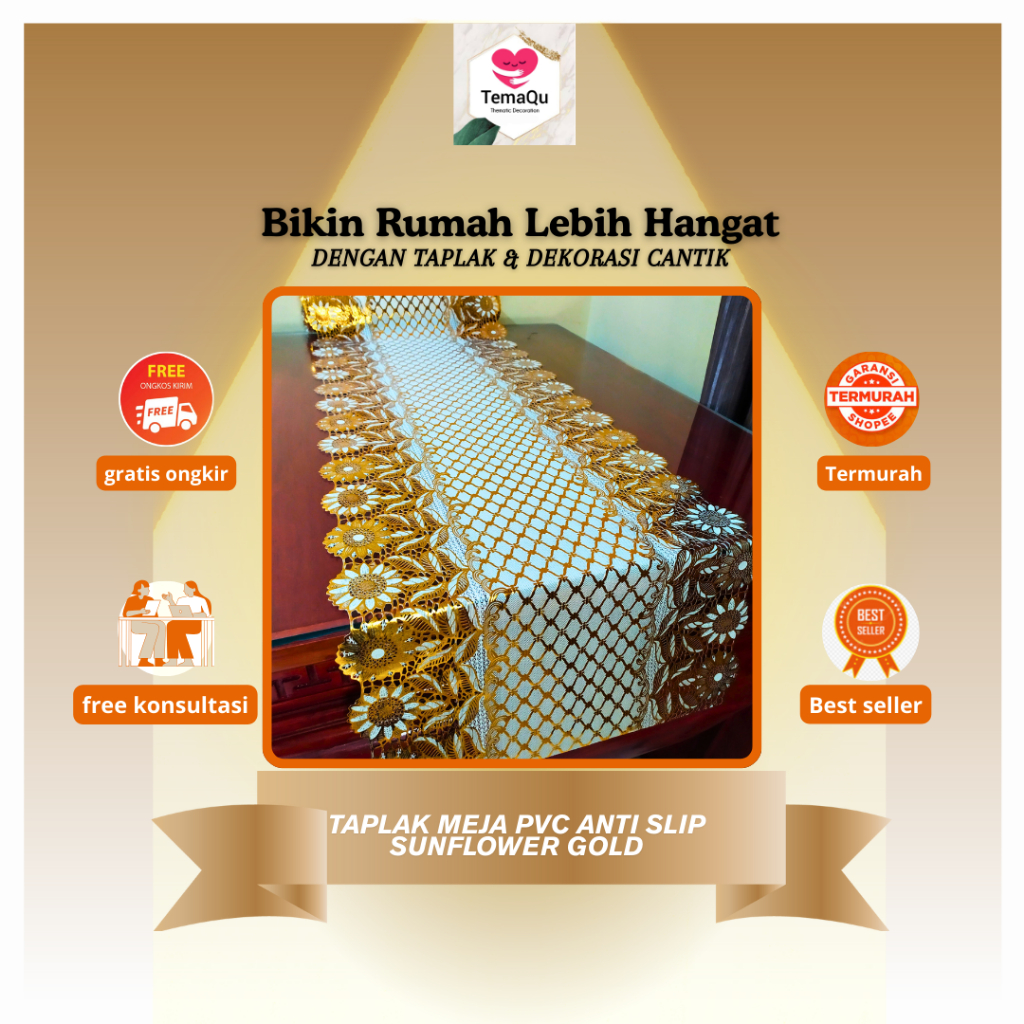 Taplak Meja Makan Tamu Panjang Roll Meteran Gold Pvc Waterproof (Panjang Kustom Meteran)