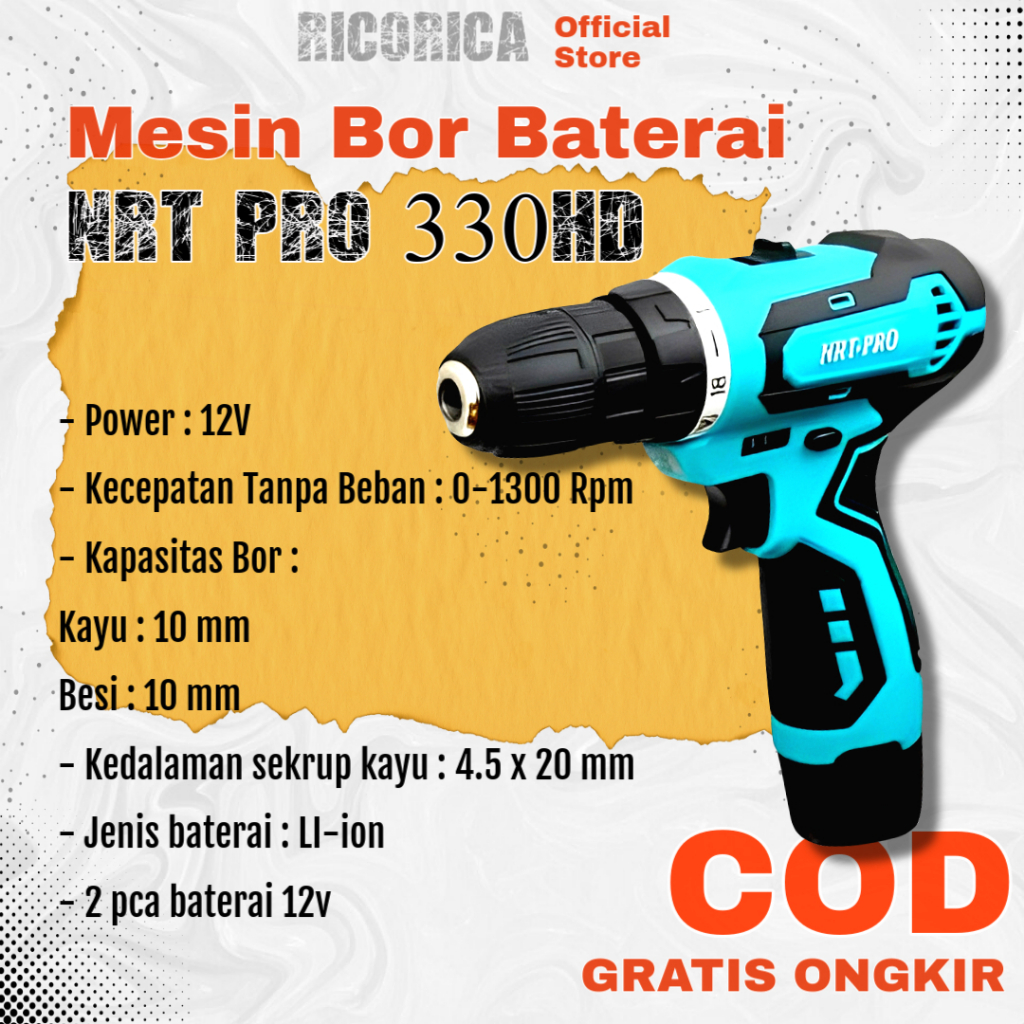 Mesin Alat Tukang Pertukangan Bor Tangan Baterai Cordless Drill Kayu Besi Portable Multifungsi