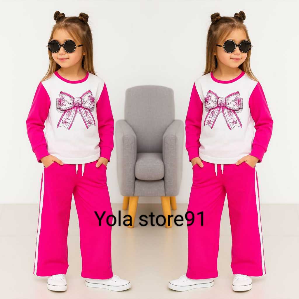 Setelan baju anak cewek motif pita ootd anak perempuan usia 2 tahun - 12 tahun