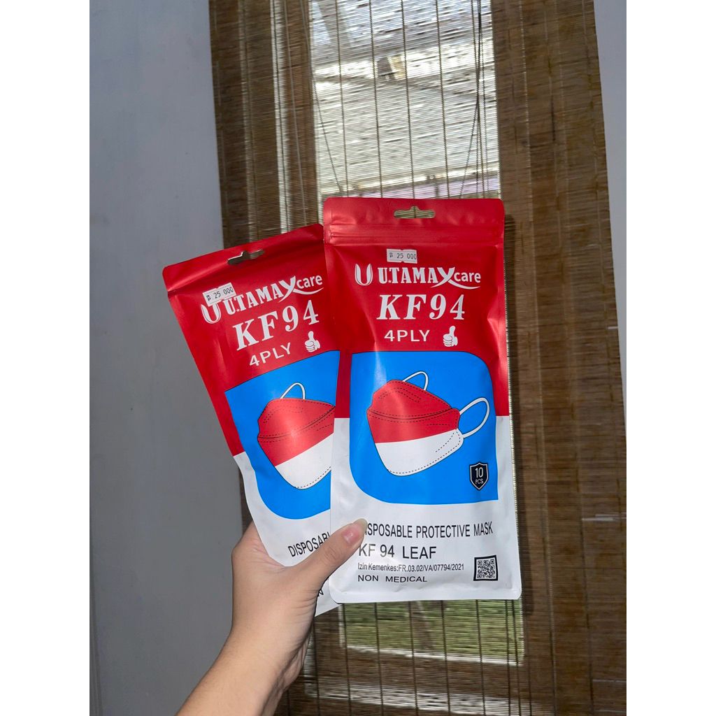 Masker Wajah 10 pcs Merah Putih UTAMA X CARE 4 ply Diposable Protective Mask KF 94 LEAF