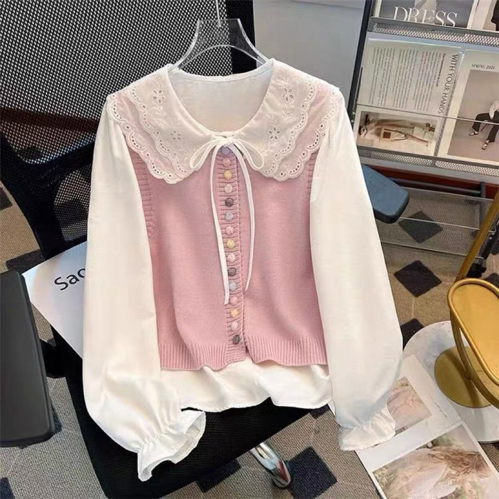 Tshirtgiants.id / Atasan vest kemeja rajut halus pinky Knitwear Baju Outer Casual Top set kemeja