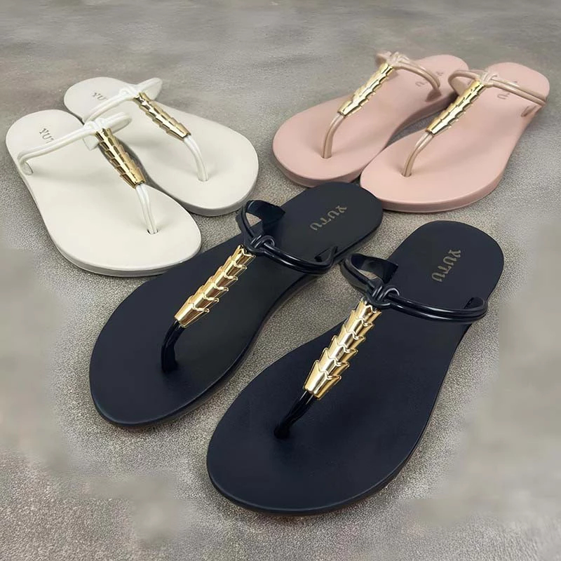 YUTU Outdoor -Sandal Jepit Karet Wanita Sendal Cewek Jelly Tali Kabel Bulat Emas Krom Chrome 2425-1